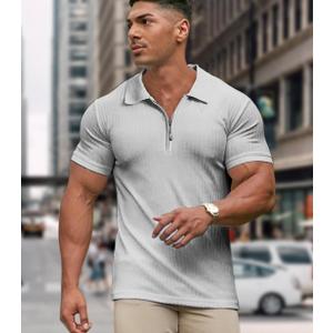 Muscle Polo Shirts for Men Slim Fit Textured Knit Sleeve Mens Collared Shirts Casual Stylish, M
