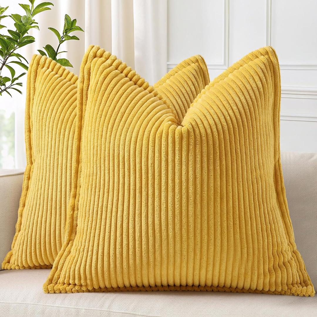 decorUhome Summer Corduroy Mustard Yellow Euro Sham Throw Pillow Covers 24x24 Set of 2 Decorative Soft Boho Farmhouse Couch Pillow Covers for Living Room Bed Sofa Broadside Striped Pillow Cases