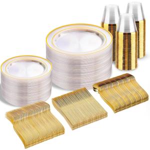 bUCLA 300Pcs Clear Gold Plastic Disposable Dinnerware Set - Clear Plates with Gold Trim Include 50 Dinner / 50 Dessert Plates,50 Cups,150 Plastic Silverware Set for Party