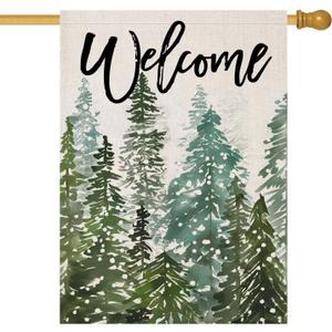 EKOREST Welcome Winter House Flags for Outdoor Decoration, Christmas Watercolor Forest Large Yard Flag, Decorative Xmas Seasonal Farmhouse Holiday Outside Decor 28x40 Inch Vertical Double Sided