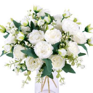 Floweroyal 2 Bunches Peony Artificial Flowers White Flowers Silk Peonies Bouquets for Wedding Party Table Centerpieces Floral Arrangement Home Kitchen Decor