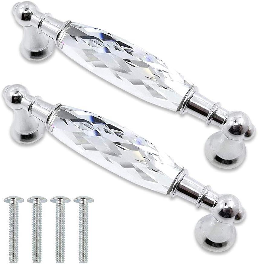 4-Pack 3.78'' Glass Dresser Drawer Handles/Clear Pulls Knob Chrome Metal/Silver Modern Crystal Cupboard Cabinet Handle Pull Knobs 96mm (4, 3.78" Hole Center Style A)