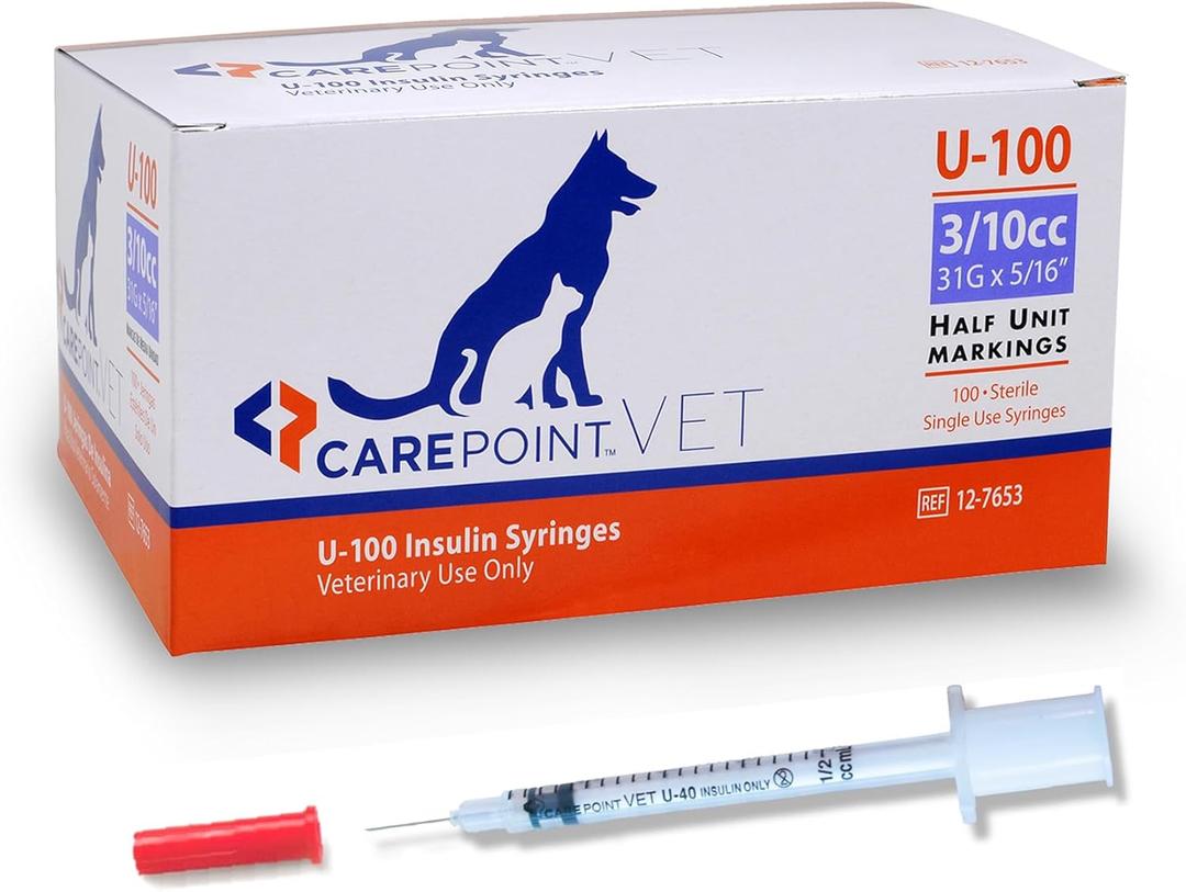 Carepoint Vet U-100 Pet Insulin Syringes, 31G x 5/16" 3/10cc, Comfortable Injection, Bold Permanent Markings for Accurate Dosage, Disposable, Box of 100