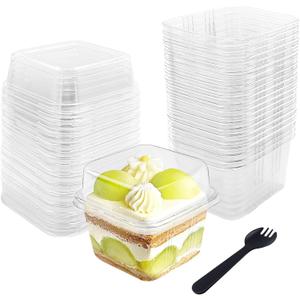 50 Pcs 8 OZ Plastic Dessert Cups with Lids and Spoons, Square Parfait Cups, Disposable Ice Cream Containers for Cupcake, Pudding, Snacks, Yogurt, Parfait Fruits, Mousse