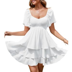Florboom Women's Sweetheart Neckline Chiffon Dress Boho Smocked Tiered Flutter Sleeve Layered Mini Dresses (White, M)