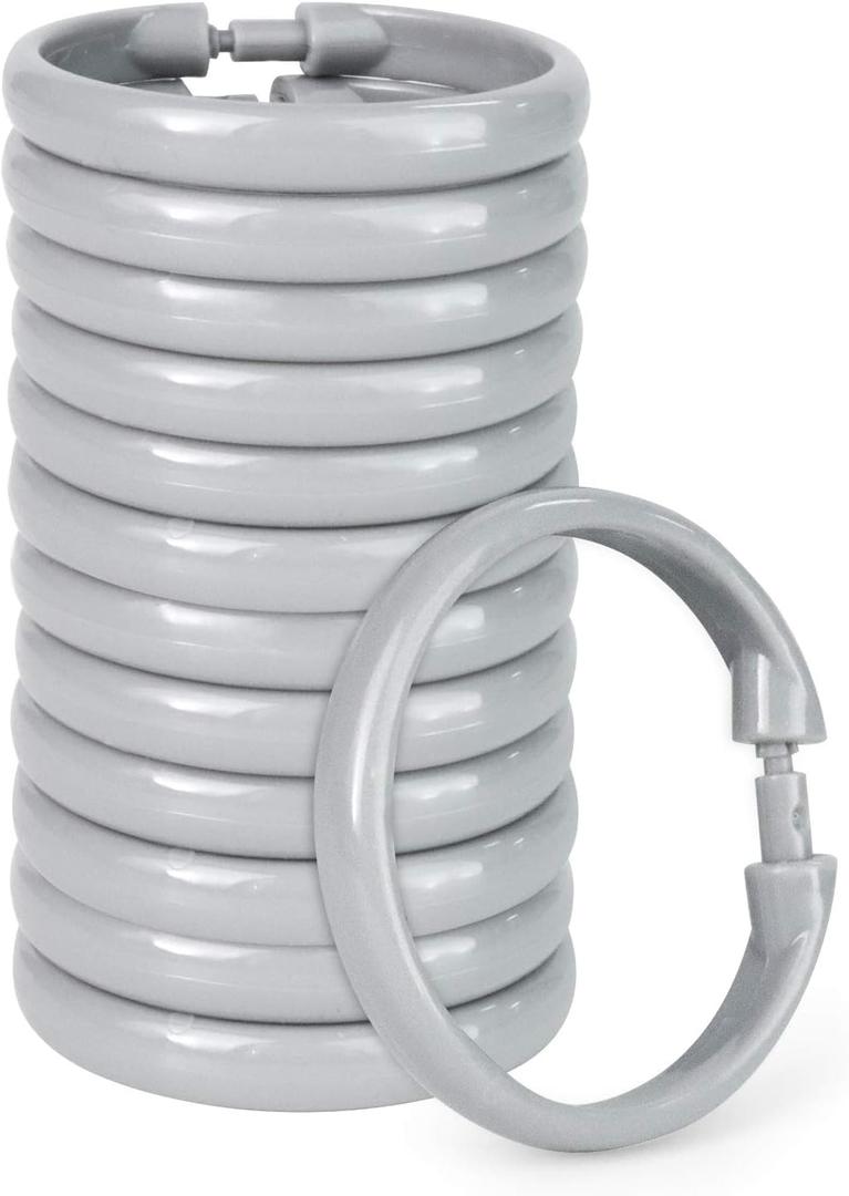 Qulable Shower Curtain Rings-12 Pack- Plastic Shower Curtain Hooks O-Shaped Rings Hook Glide Easily on Bathroom Shower Rod(Grey)