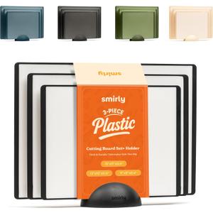 SMIRLY Plastic Cutting Board Set with Holder 3 Pieces, Non-Slip Dishwasher Safe Chopping Boards for Kitchen, Black & White