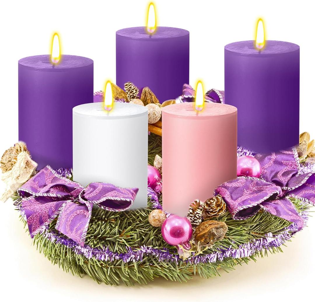 Cindeer 3 x 4 Inch Advent Candles Set of 5 Christmas Pillar Scented Advent Candle for Advent Wreaths Candle Holder Advent Votive Purple Pink Candles for Advent Seasonal Celebration Home Church