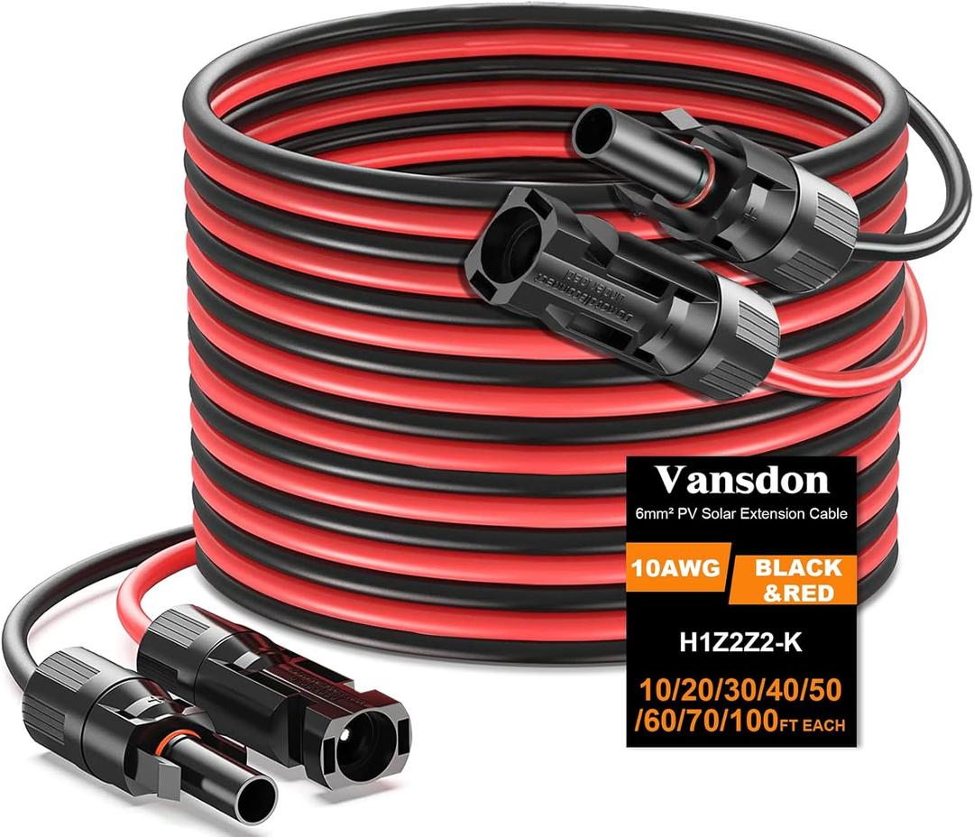 Vansdon 2x70 Feet Solar Panel Extension Cable, 10AWG Solar Cable, Solar Panel Cable with Female and Male Waterproof Connectors for RV, Photovoltaic Systems (70FT Red + 70FT Black)