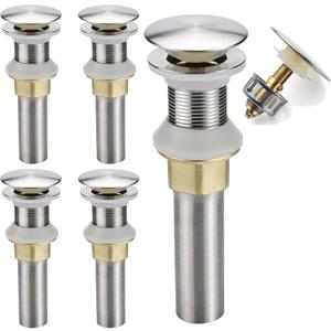 Bathroom Sink Drain,5 Pack Drain Stopper Bathroom Sink Without Overflow,Pop Up Drain Assembly with Detachable Strainer Basket,Built-in Anti-Clogging Strainer,Stainless Steel Brushed Nickel