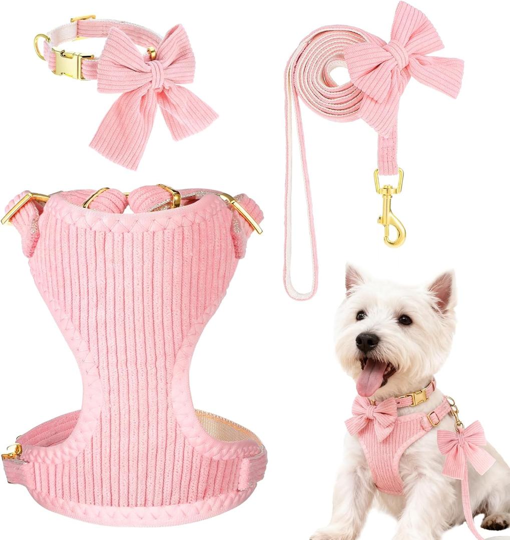 Cute Small Dog Collar Harness and Leash Set, Soft Adjustable No Choke Escape Proof Pet Harness Vest with Secure Metal Buckle, Breathable Soft Mesh Padded Dog Vest for Dogs Cats Pink Pack of 3