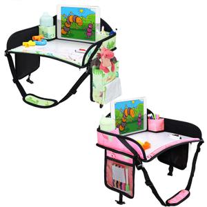 2PCS Kids Travel Tray, Car Seat Tray for kids Travel, Toddler Road Trip Essentials With Drawing Kit, Toddler Lap Desk Organizer for Car, Carseat Table for Airplane (Light Pink/Green-2PCS)