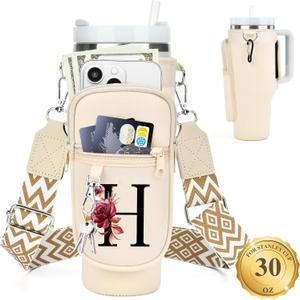 LOKASS Personalized for Stanley Cup Accessories 30oz, Initial Stanley Cup Holder with Strap, Cup Carrier Bag Water Bottle Holder with Phone Pocket Gifts for Women, Girls, Mom Travel, Walking, Work