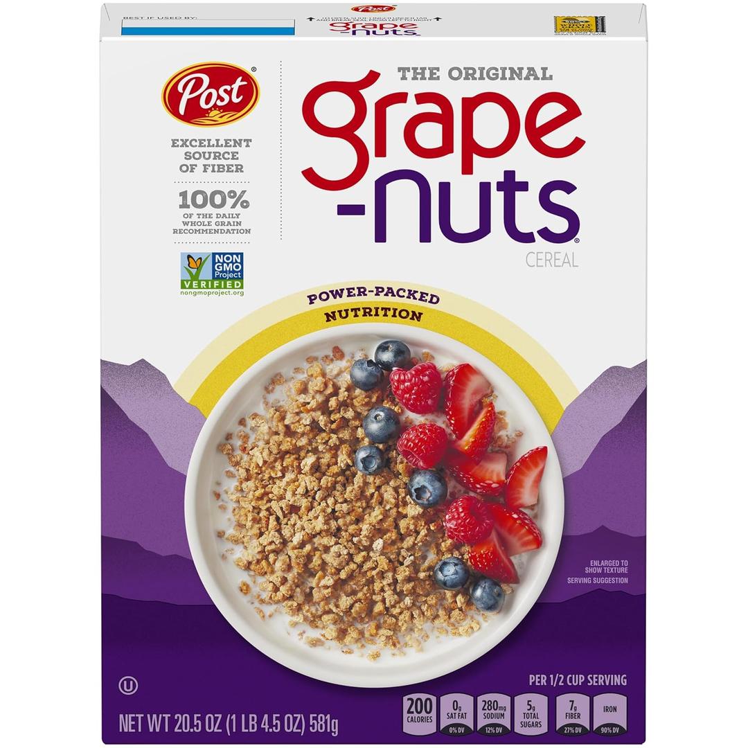 Grape-Nuts Original Breakfast Cereal, Crunchy Whole Grain Wheat and Barley Cereal, Non-GMO Project Verified, 20.5 OZ Box, Best By: DEC 01, 2025