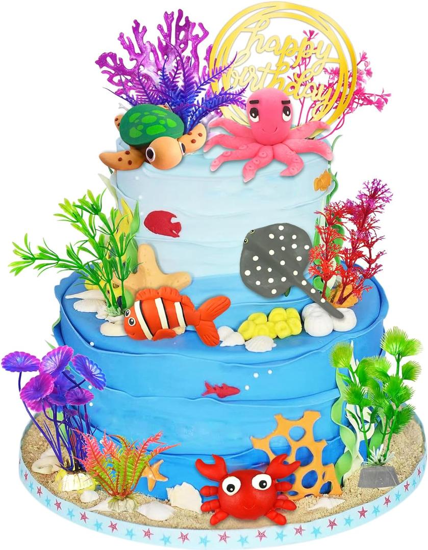 16 PCS Sea Ocean Cake Toppers Under the Sea Ocean Animals Birthday Cake Decorations for Sea Ocean Theme Baby Shower Birthday Party Supplies (Ocean)