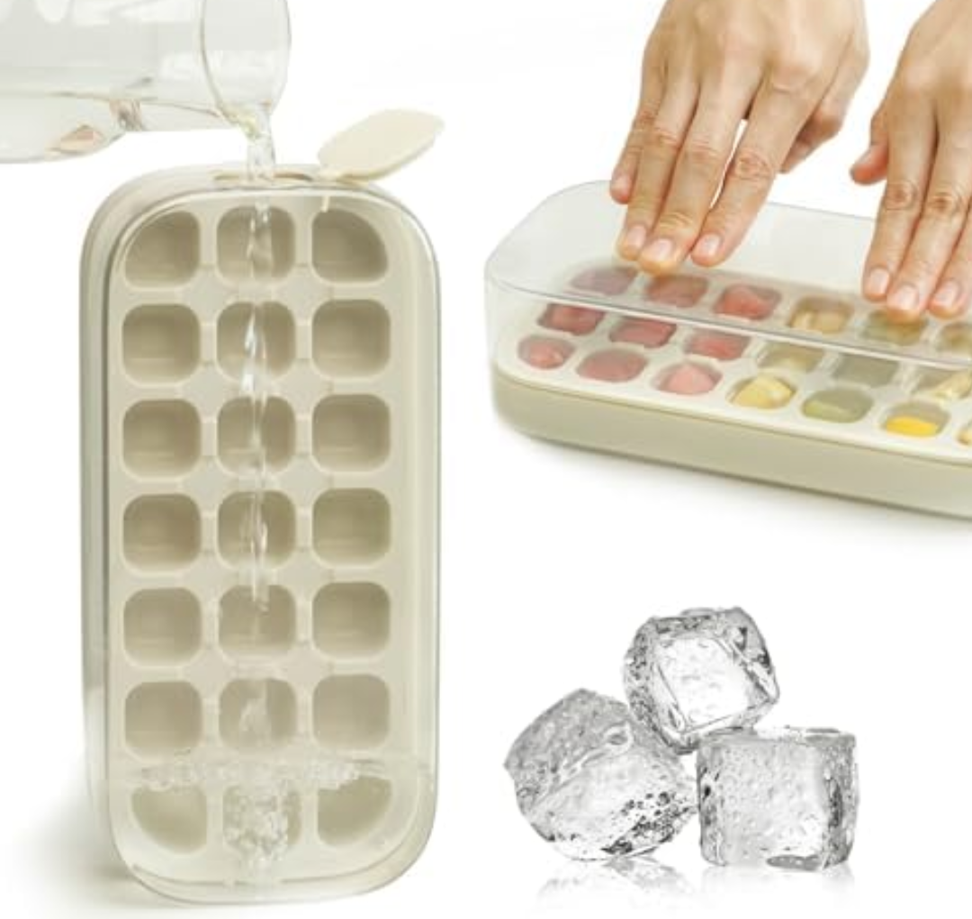 Pack of 2 Ice Cube Tray with Lid and Bin 21 Pcs Quick-Fill Ice Cube Mold for Freezer Easy Press to Release White No-Touch Ice Cube Trays