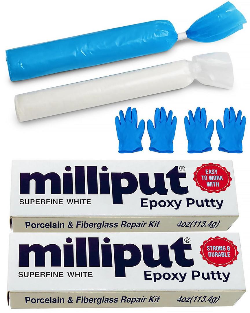 Milliput Epoxy Putty Modeling Paste - Porcelain and Fiberglass Repair Kit - Superfine White Sculpting Clay for Adults, 2 Pack with Gloves - For Fiberglass Bathtub Chip and Ceramic Tile Repairs
