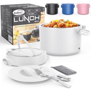 Buddew 100W Electric Lunch Box, 34-Ounce Portable Food Warmer for Work/Office/Car/Travel 12V/24V/110V, with Folding Spoon&&Fork, Built-in temperature controller, Ideal Gift for Men and Women (White)