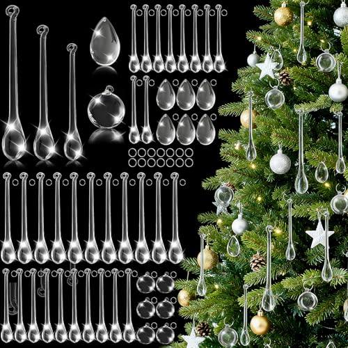 100 PCS Clear Crystal Ornaments for Christmas Tree, Acrylic Teardrop Christmas Ornaments with 5 Styles, Hanging Crystals Pendant for Wreaths Chandelier Wedding Party Holiday Decor