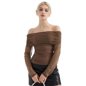 SUUKSESS Women Mesh Off The Shoulder Tops Sexy Going Out Ruched Foldover Shirt Summer Outfits (Brown, M)
