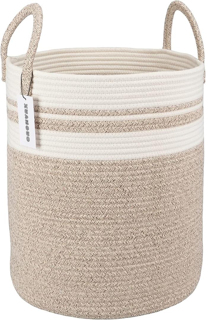 Cotton Rope Laundry Basket Hamper for Clothes Woven Storage Basket for Living Room Bedroom Boho Tall Rope Baskets for Blanket Toys Pillow Towels Baby Nursery Hamper Bin Large brown and white (Regular)