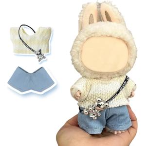 17cm Doll Clothes(NO Doll), Cute Dolls Outfit Accessories with Sweater + Denim Jeans + Pants, Small Kawaii Clothes Set for Dolls(Style 4)