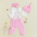 Gueuusu Newborn Girl Coming Home Outfit Isn't She Lovely Baby Romper Long Pants Hat Headband Cute Fall Clothes 0 3 6 12 18M (Pink, 12-18 Months) (White)