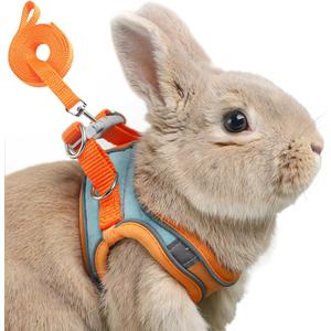 Adjustable Bunny Harness and Leash Set Double Buckle with Reflective Strips Rabbit Vest Pets Stuff Suitable for Rabbit Walks Accessories(Orange Green, M)