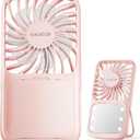Gaiatop Portable Handheld Fan, 3 Speed LED Makeup Mirror with Light, Folding Stand for Desktop, Rechargeable Mini Personal Fans Small Travel Essentials Gifts for Women Girls (Pink)