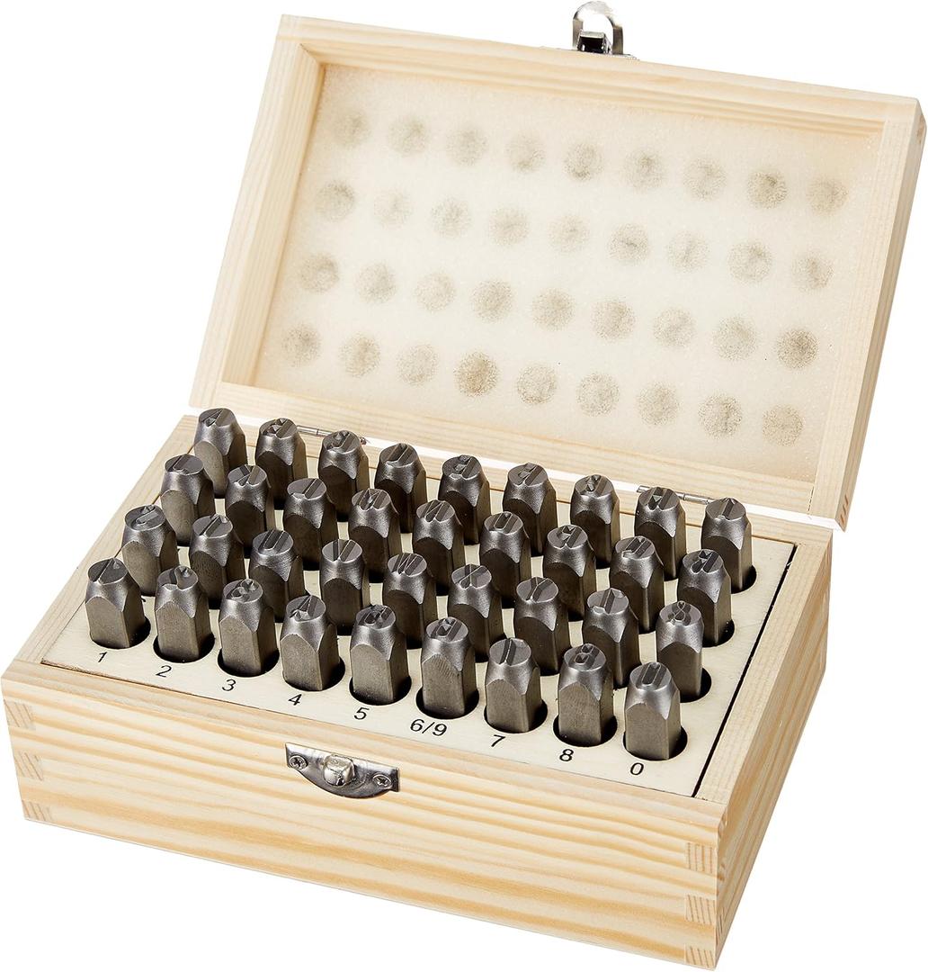 Amazon Basics Metal Alphabet and Number 36 Piece Stamp Kit with Wood Case, 5/16 inch