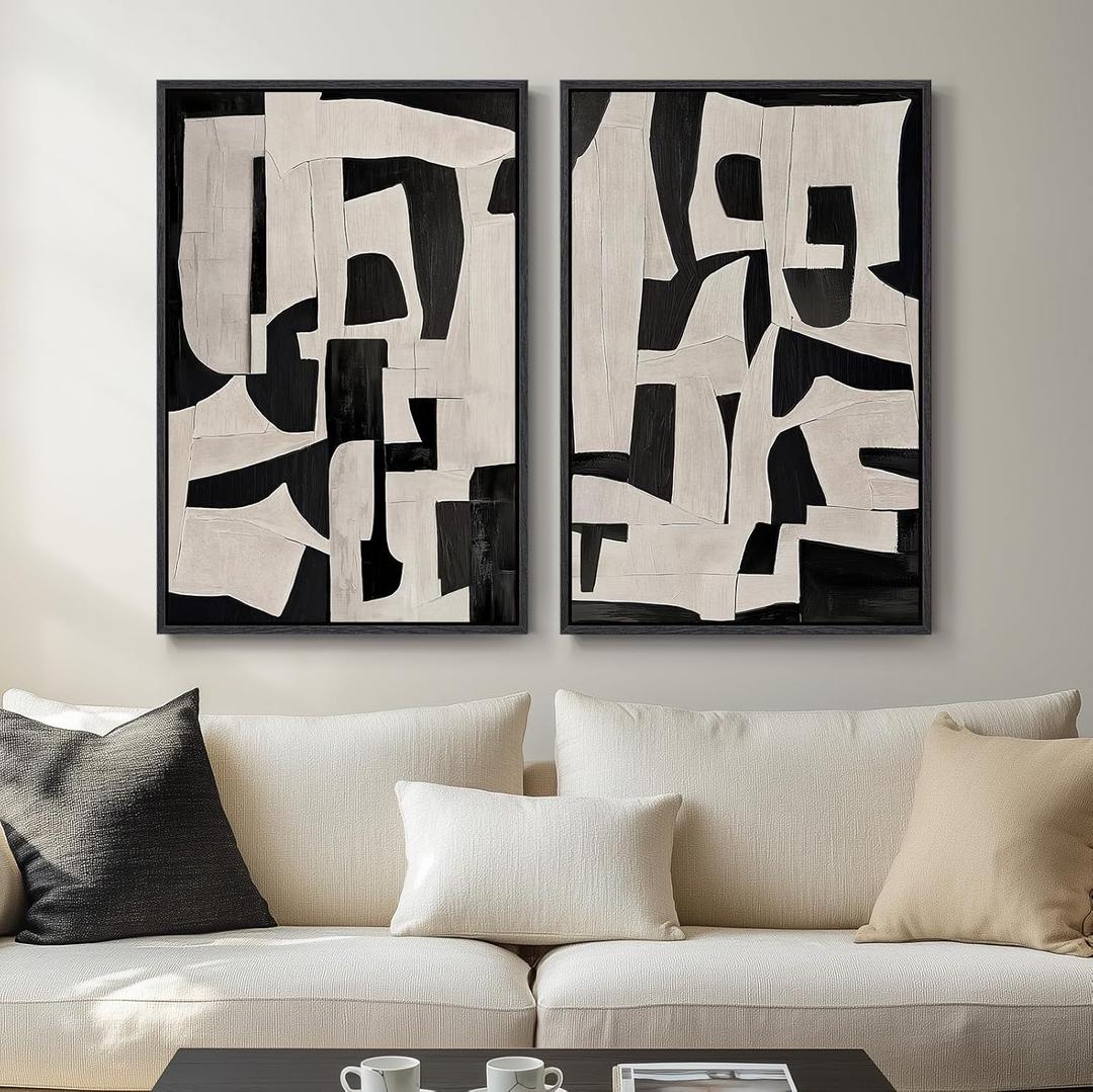 Large Framed Black and White Abstract Wall Art for Living Room, 2 Piece Modern Canvas Prints Paintings Artwork for Walls, Minimalist Black Beige Pictures for Hallway Dining Bedroom Wall Decor 24x36 In (Duet)