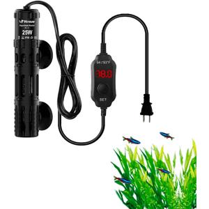 Aquarium Heater 25W, Submersible Fish Tank Heater with LED Digital Display, Auto Power-Off When Leaving Water & High Temp Protection, for Fresh and Salt Water Tanks 3-5 Gal