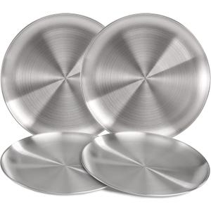 TOPZEA Pack of 4 304 Stainless Steel Dinner Plates, 10 Inch Matte Polished Metal Round Camping Dishes Set Rust-Proof Food Serving Platter for Salad, Appetizer, Fruit, Dessert, Dishwasher Safe 
Silver