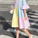 OYOANGLE Girl's Striped Button Up Ruffle Dress Half Sleeve Color Block Flared Long Dress