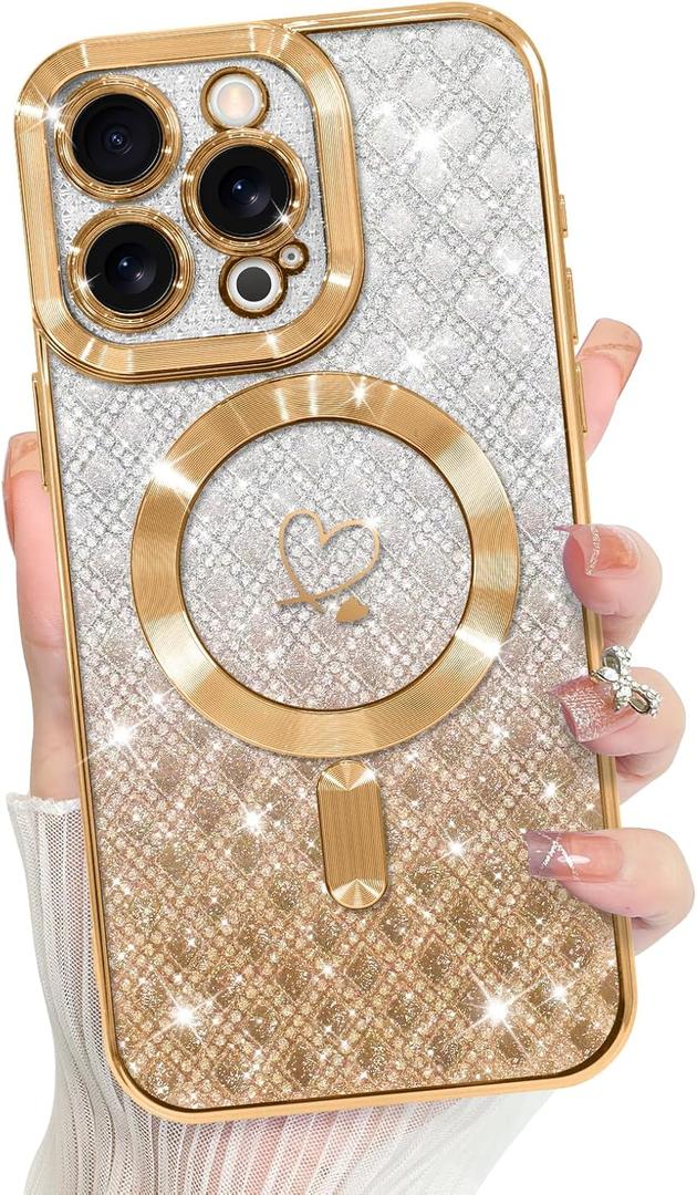 Bonoma Compatible with iPhone 15 Pro Case Support for MagSafe, Plating Heart Glitter Magnetic Checkered Case TPU Camera Protection Back Cover for Girls Women -Gold