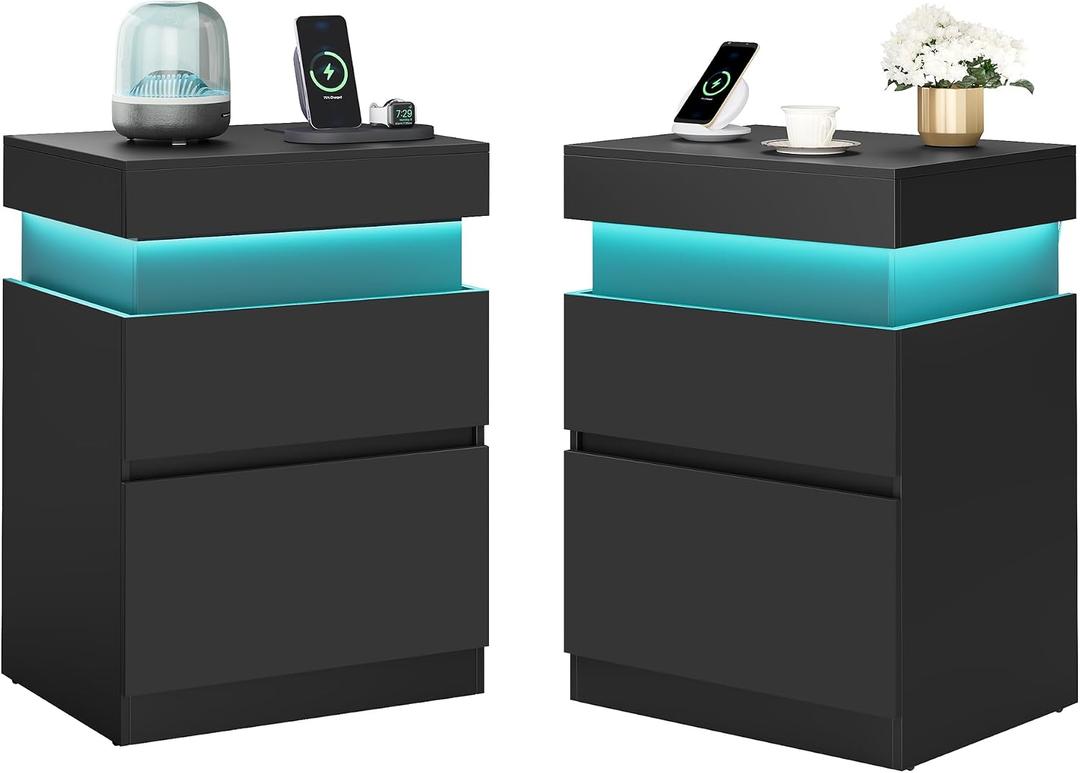 VASAGLE Kailyn Collection - Nightstands with Power Outlets, Sliding Lid, Modern Bedside Tables with LED Lights, End Tables, 2 Drawers, Set of 2, 15.7 x 18.9 x 26.8 Inches, Ink Black ULET650BC01S-2J, 2 PACK