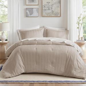 Madison Park Essentials Striped Comforter Set Queen, 7 Pieces Modern Minimalist Jacquard Bedding Set for All Season, Bed in A Bag with Sheet Set and Soft Brushed Reverse, Lightweight Neutral
