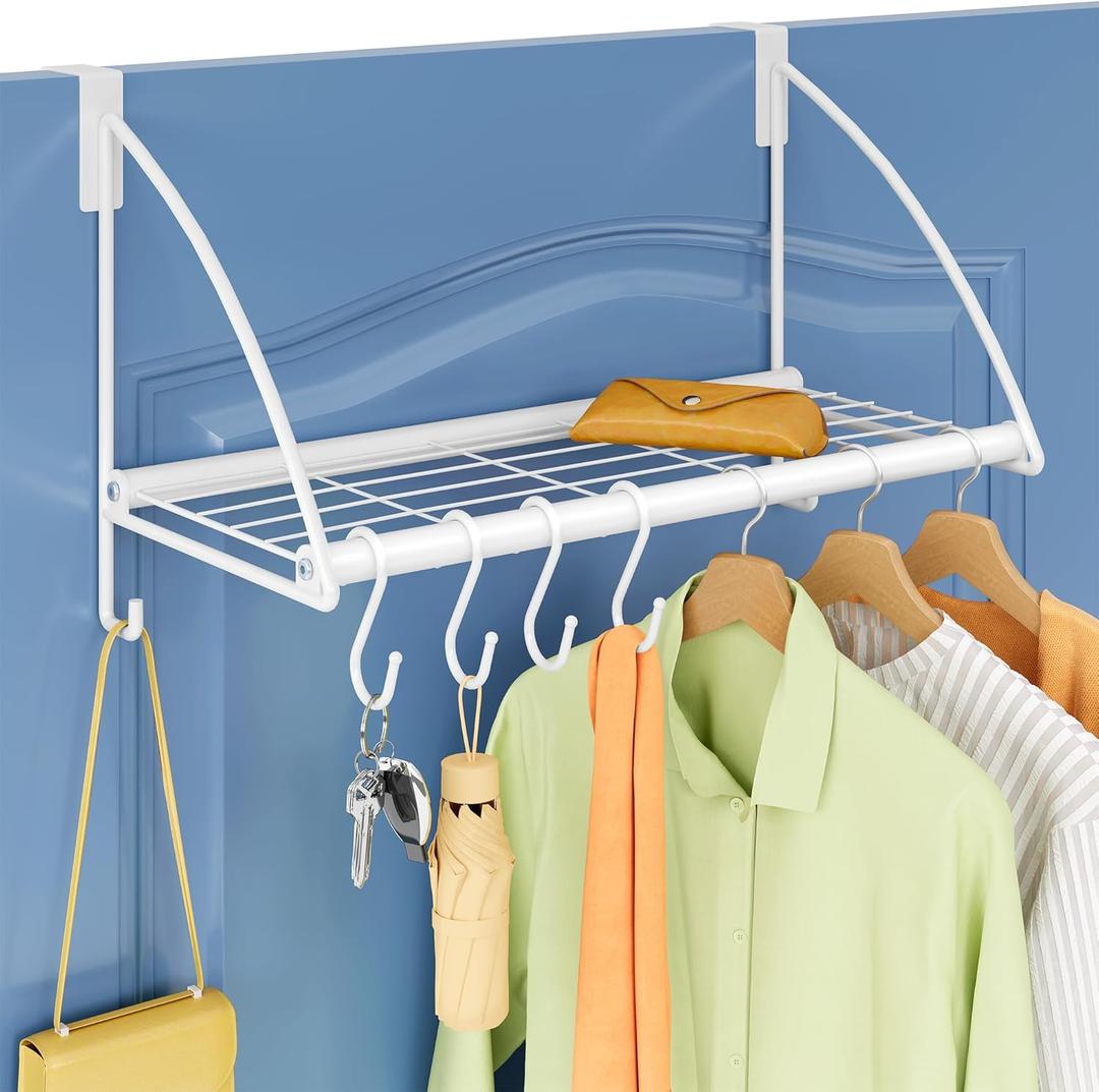 Tajsoon Over The Door Hanger with Storage Rack and 6 Hooks, Over The Door Clothes Rack for Hanging Coat, Over The Door Clothes Hanger for Bathroom, Bedroom, Living Room, White