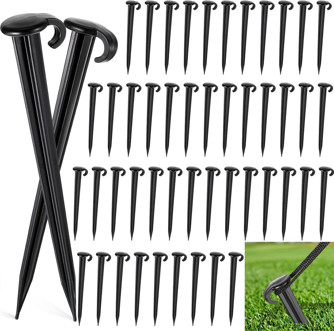 Vicenpal 50 Pcs 7 Inch Plastic Yard Stakes Inflatables Heavy Duty Plastic Garden Stakes for Tent Ground Replacement Outdoor Fence Lawn Pegs Landscape Staples Halloween Christmas Decorations (Black)