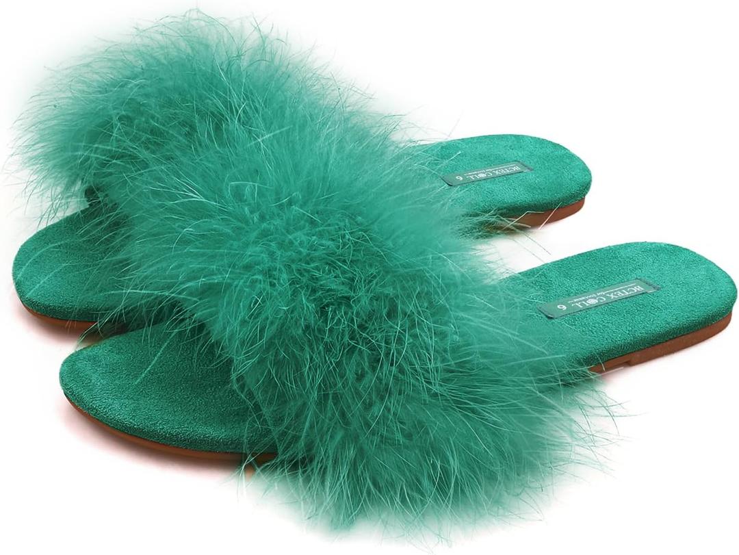 BCTEX COLL Women's Fuzzy Open Toe Slippers Memory Foam Feather Slides Fluffy Furry Indoor House Sandals (10, Green)