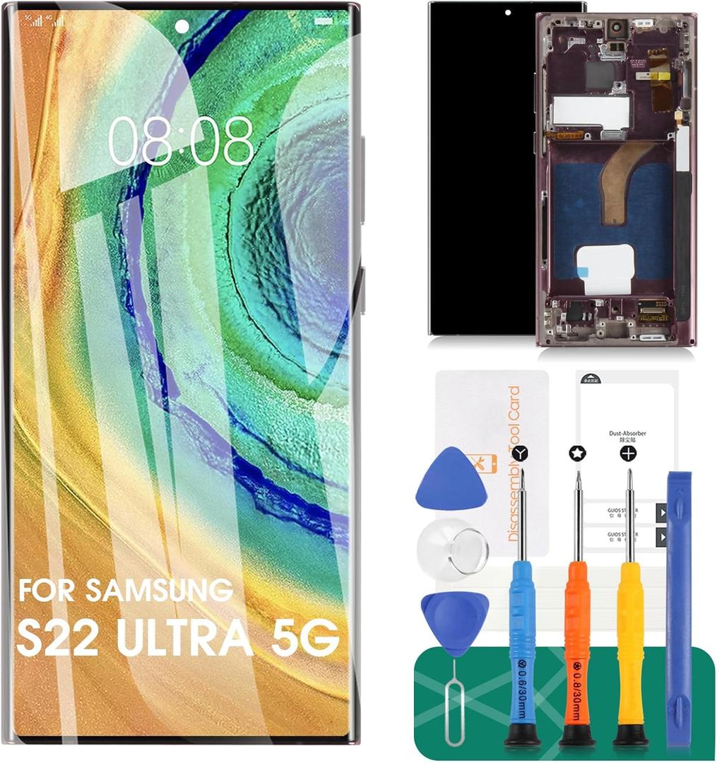 OLED for Samsung S22 Ultra 5G Screen Replacement for Samsung Galaxy S22 Ultra 5G LCD Display SM-S908 SM-S908B Digitizer Touch Screen Assembly with Frame US Version Burgundy Red (with Fingerprint)