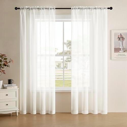 Joydeco White Sheer Curtains 63 Inch Length 2 Panels Set, Rod Pocket Long Sheer Curtains for Window Bedroom Living Room, Lightweight Semi Drape Panels for Yard Patio (54x63 inch, Off White)