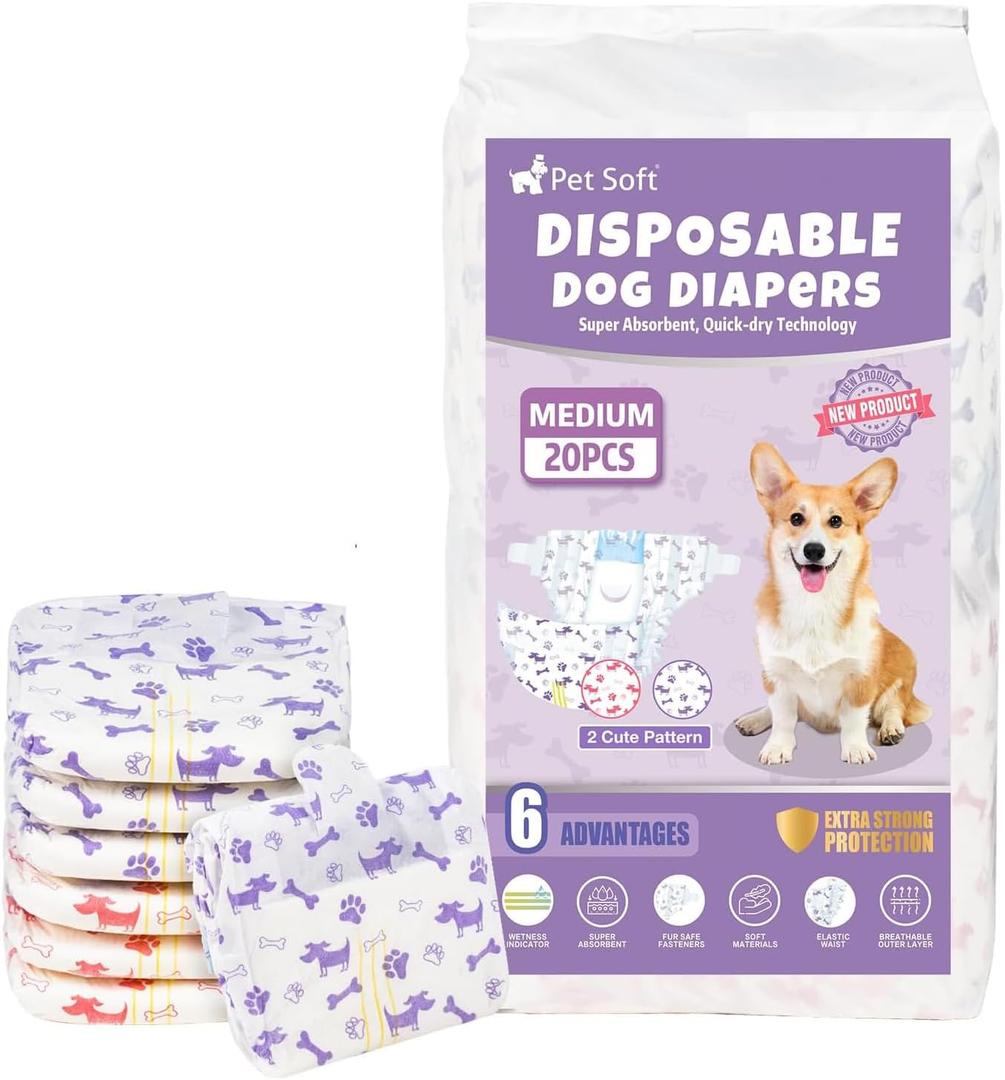 Pet Soft Female Dog Diapers - Disposable Doggie Diapers with Wetness Indicator, Puppy & Cat Diapers Super Absorbent, Fit for Female Dog in Heat or Incontinence, 20pcs (M, Mixed)