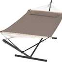 SUNCREAT 55 Inch Extra Large Double Hammock with 12 ft Stand, 475lbs Capacity, Outdoor Portable Hammock with Hardwood Spreader Bar, Extra Large Pillow, Brown
