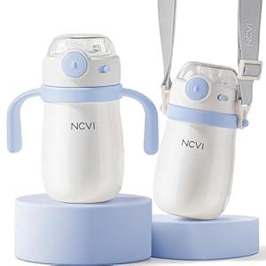 NCVI Kids Stainless Steel Straw Cup for Toddler 1-3 Years Old, Training Tumbler with Straw Spill Proof with Handle, Insulated Bottle to Keep Cold Warm for Water/ Milk/ Drink, Blue 10floz, Christmas Gift