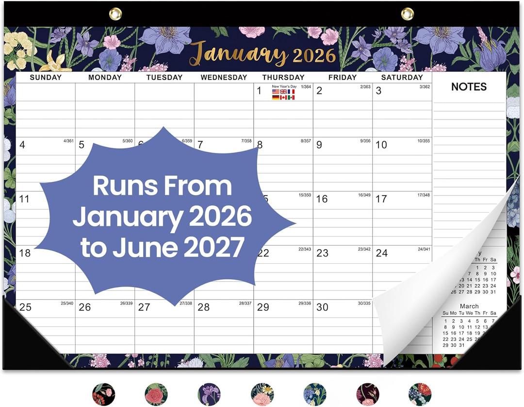 2026 Desk Calendar, 18-Month Calendar Runs from January 2026 to June 2027, 17" x 12" Desktop or Wall Calendar, Perfect Monthly Calendar Planner for Home, Office, or School - Midnight Garden