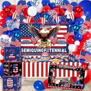 170Pcs 250th Anniversary Decorations, ALL-IN-1 | Patriotic Party Supplies American 250 Decorations Backdrop for 4th of July Independence Day Semiquincentennial Celebration