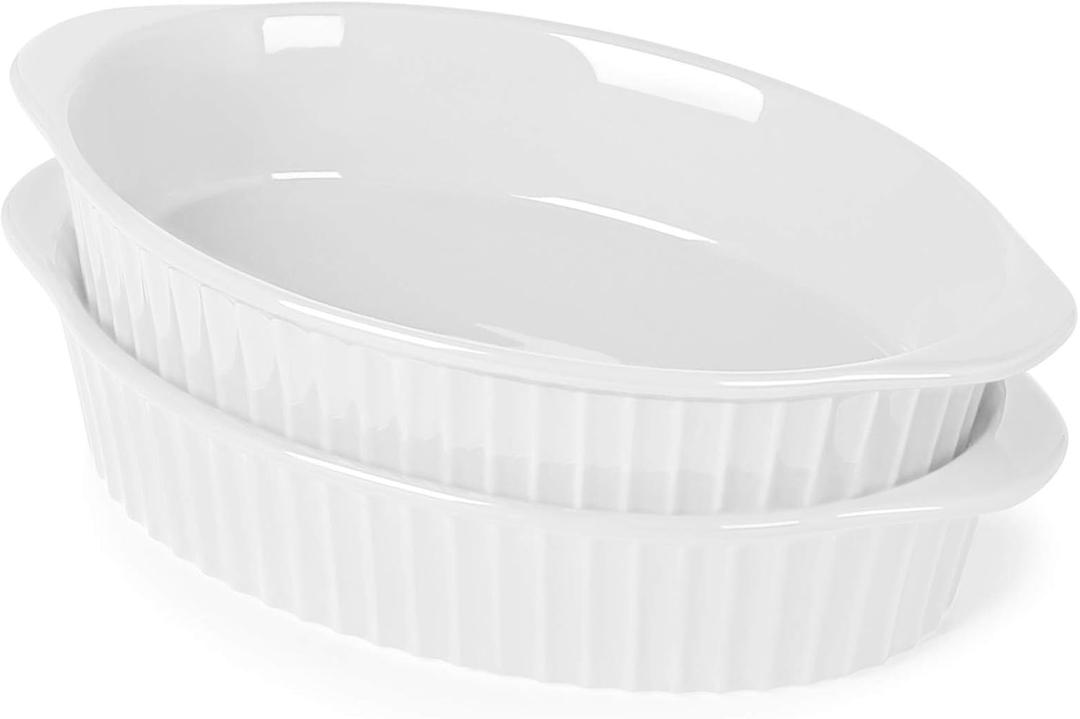 LEETOYI Porcelain Small Oval Au Gratin Pans, Baking Dish Set for 1 or 2 person servings, Bakeware with Double Handle for Kitchen and Home, Set of 2 (White)