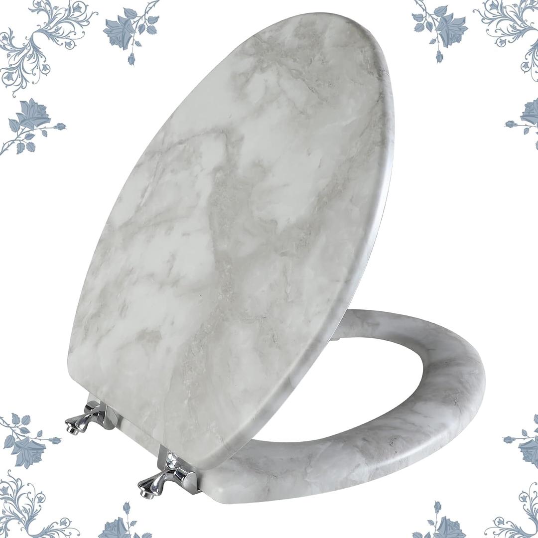 Angol Shiold Elongated Marble Toilet Seat with Zinc Alloy Hinges, Easy to Install and Clean, Anti-pinch (Gray)
