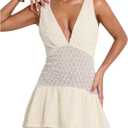 SOLY HUX Women's Summer Crochet Knit Mini Dress Deep V Neck Sleeveless Ruffle Layered A Line Vacation Party Dresses (L)